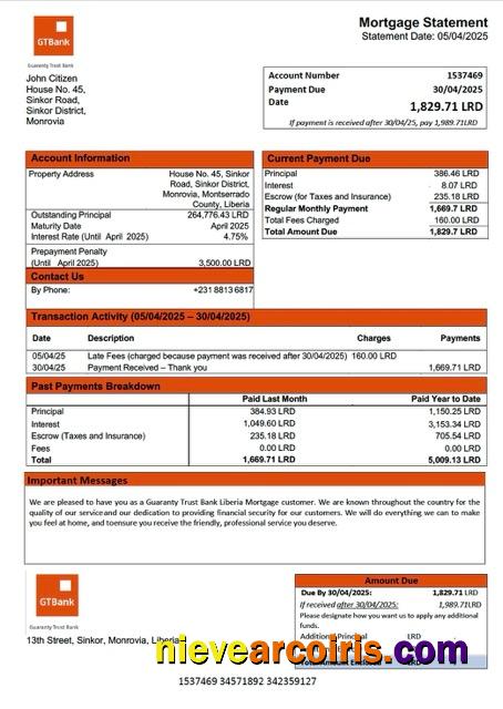 Liberia Guaranty Trust Bank Liberia mortgage statement Word and PDF template